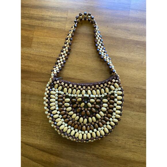 Vintage Wooden Beaded Crescent Shaped Bag Natural 90s Y2K EUC Small Purse Boho - Picture 1 of 9